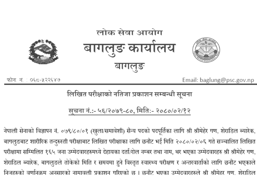 Nepal Army Sainya Post Written Exam Result Baglung