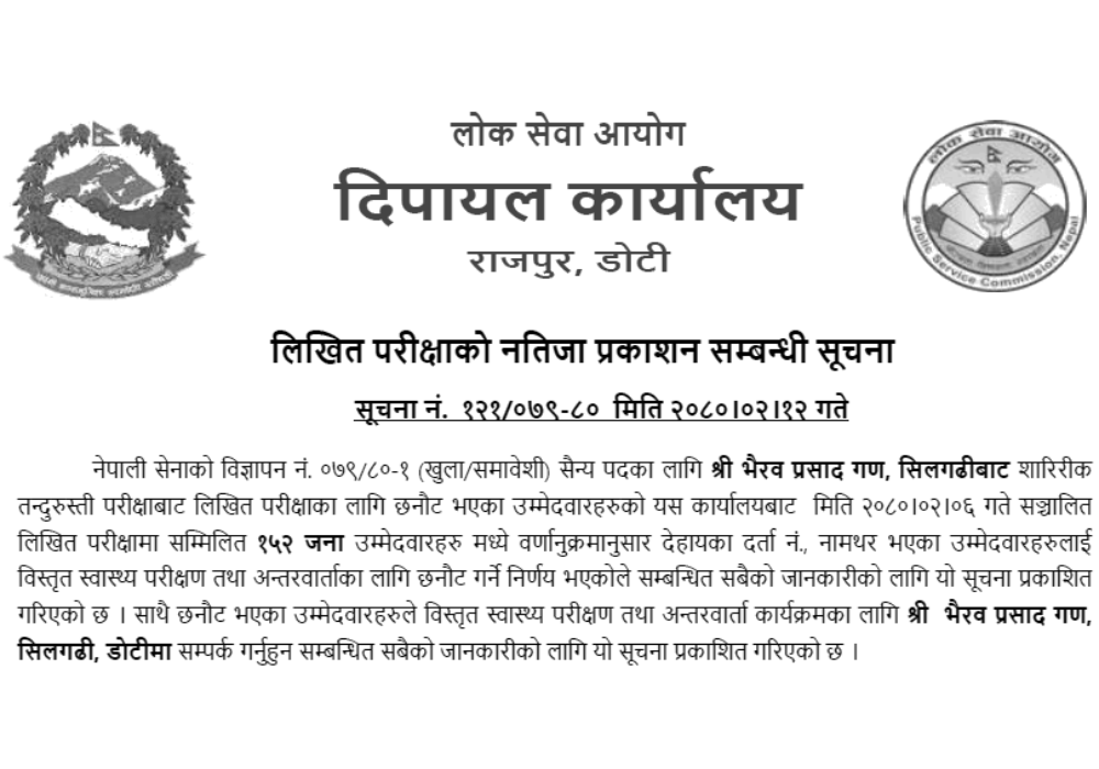 Nepal Army Sainya Post Written Exam Result Doti (Dipayal)