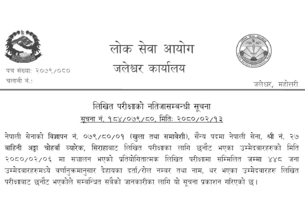 Nepal Army Sainya Post Written Exam Result Siraha