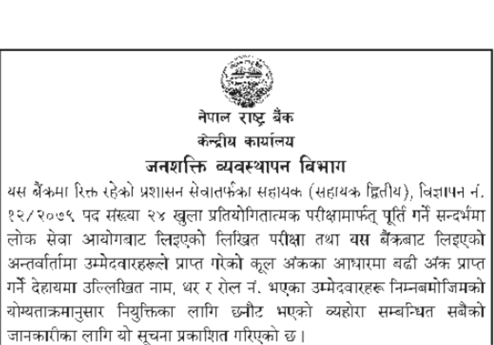 Nepal Rastra Bank Announces Final Result for Assistant (Assistant II)
