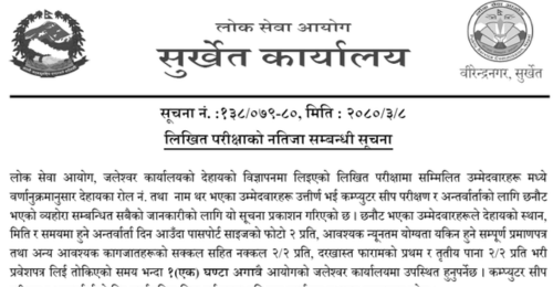 Lok Sewa Aayog Jaleshwor Releases Kharidar Post Written Exam Results