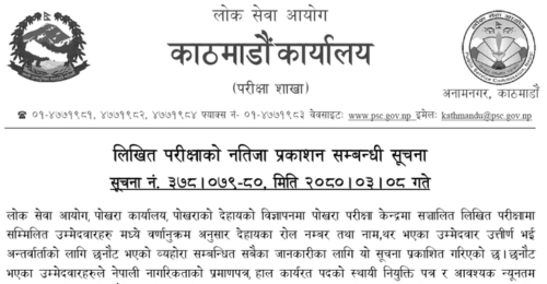 Lok Sewa Aayog Pokhara Written Exam Result of Kharidar (Internal Competition)