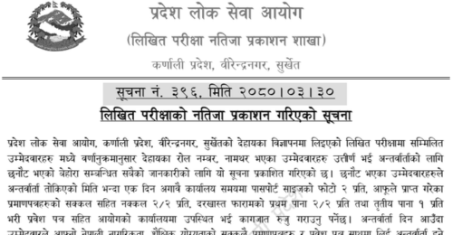 Karnali Pradesh Lok Sewa Aayog Written Exam Result of KhaPaSaTe
