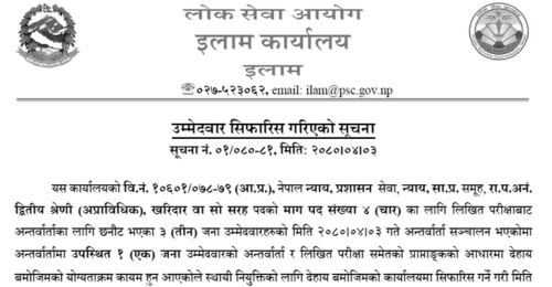 Lok Sewa Aayog Kharidar Post (Internal Competition) Recommendation for Appointment