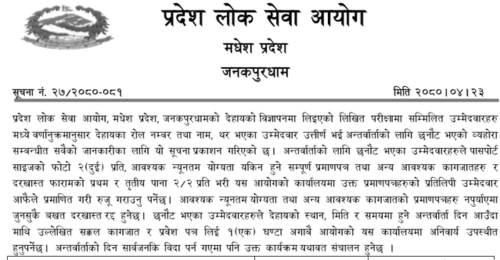 Madhesh Pradesh Lok Sewa Aayog Written Exam Result of Land Conservation Assistant