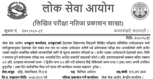 Lok Sewa Aayog Dhankuta Written Exam Result of Senior Operator, Surveyor, Sub Engineer