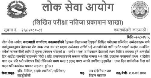 Lok Sewa Aayog Kathmandu Written Exam Result of Sub Engineer