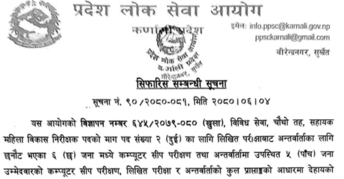 Karnali Pradesh Lok Sewa Aayog Final Result of 4th Level Sahayak Mahila Bikas Nirikshak