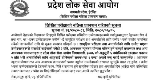 Bagmati Pradesh Lok Sewa Aayog Written Exam Result of 7th Level Agriculture Engineer