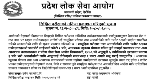 Bagmati Pradesh Lok Sewa Aayog Written Exam Result of Food Research Officer