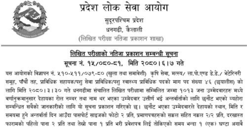 Sudurpashchim Pradesh Lok Sewa Aayog Written Exam Result of 5th Level Veterinary Assistant