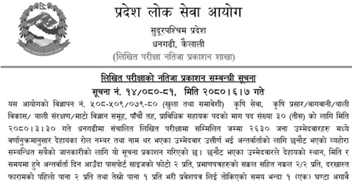 Sudurpashchim Pradesh Lok Sewa Aayog Written Exam Result of Agriculture Technical Assistant