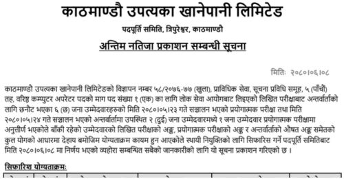 Kathmandu Upatyaka Khanepani Limited Final Result of 5th Level Various Positions