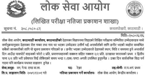 Lok Sewa Aayog Kathmandu Written Exam Result of Ranger Post
