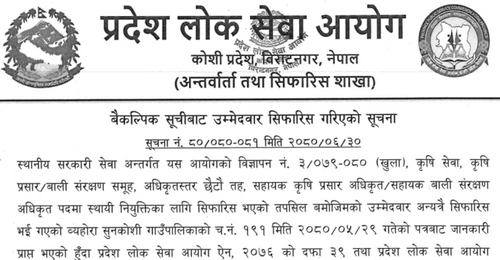 Koshi Pradesh Lok Sewa Aayog Recommended Alternative Candidates of Asst. Plant Protection Officer