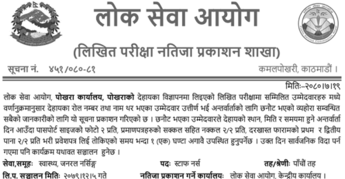 Lok Sewa Aayog Pokhara Office Announces Staff Nurse Written Exam Results