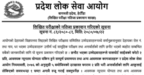 Bagmati Pradesh Lok Sewa Aayog Written Exam Result of Assistant Forest Officer