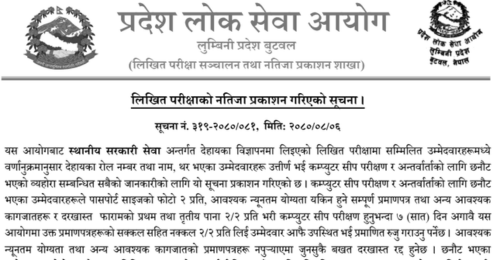 Lumbini Pradesh Lok Sewa Aayog Written Exam Result of 4th Level Assistant