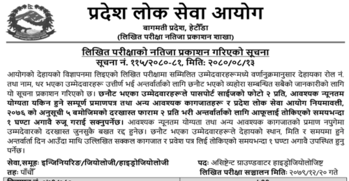 Bagmati Pradesh Lok Sewa Aayog Written Exam Result of Assistant Groundwater Hydrogeologist