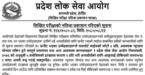 Bagmati Pradesh Lok Sewa Aayog Written Exam Result of Sub Engineer (BArch)