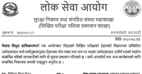 Nepal Electricity Authority Written Exam Result of Senior Meter Reader (Biratnagar)