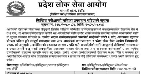 Bagmati Pradesh Lok Sewa Aayog Written Exam Result of Electrical Sub Overseer