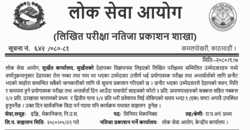 Lok Sewa Aayog Surkhet Written Exam Result of Senior Mechanics