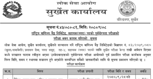 Rastriya Banijya Bank Limited Assistant (Cash) and Assistant Post Exam Center Surkhet