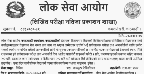 Lok Sewa Aayog Kathmandu Written Exam Result of Computer Technician (Apanga)