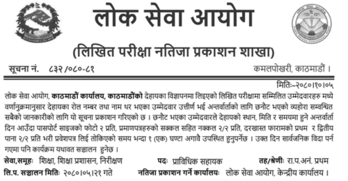 Lok Sewa Aayog Kathmandu Written Exam Result of Prabidhik Sahayak Education (Open)