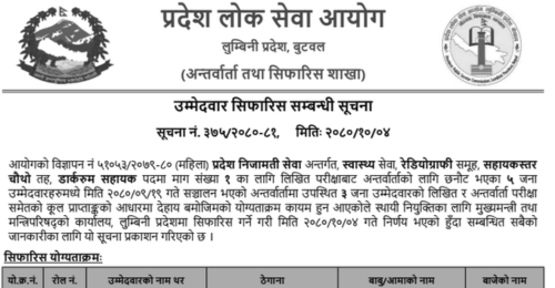 Lumbini Pradesh Lok Sewa Aayog Final Result of Lab Assistant and Darkroom Assistant