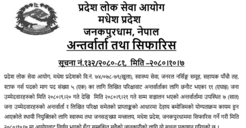 Madhesh Pradesh Lok Sewa Aayog Final Result of 5th Level Staff Nurse