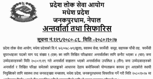 Madhesh Pradesh Lok Sewa Aayog Final Result of 5th Level Pharmacy AssistantMadhesh Pradesh Lok Sewa Aayog Final Result of 5th Level Pharmacy Assistant