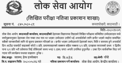 Lok Sewa Aayog Kathmandu Written Exam Result of Senior AHW (Dalit)