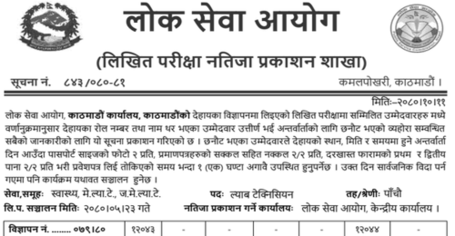 Lok Sewa Aayog Kathmandu Written Exam Result of Lab Technician