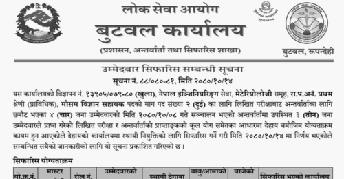 Lok Sewa Aayog Butwal Final Result of Meteorological Assistant