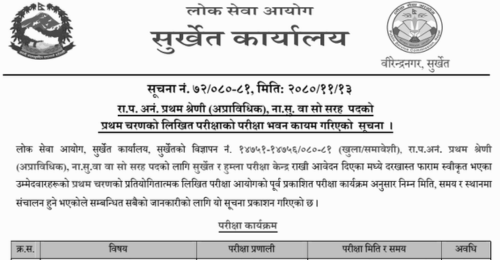 Lok Sewa Aayog Surkhet and Humla First Phase Written Exam Center of Nayab Subba