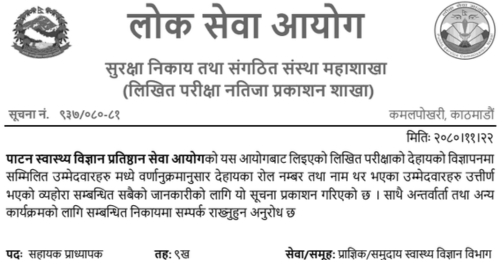 Patan Academy of Health Sciences Service Commission Written Exam Result of 9th Level