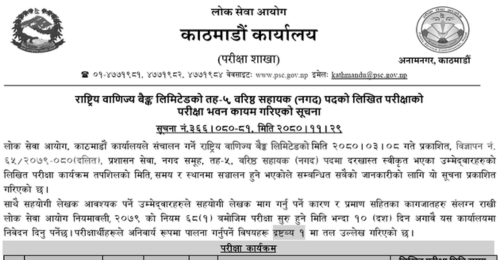 Rastriya Banijya Bank 5th Level Senior Assistant (Cash) Exam Center Kathmandu