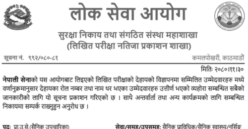 Nepal Army Written Exam Result of Various Positions (Health and Technical)