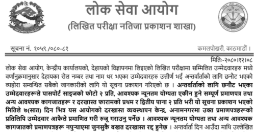 Lok Sewa Aayog Written Exam Result of Saha Sachiv (Technical)