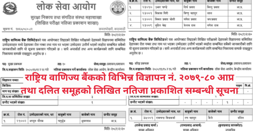 Rastriya Banijya Bank Limited Written Exam Result of 9th and 10 Level (Internal and Dalit)