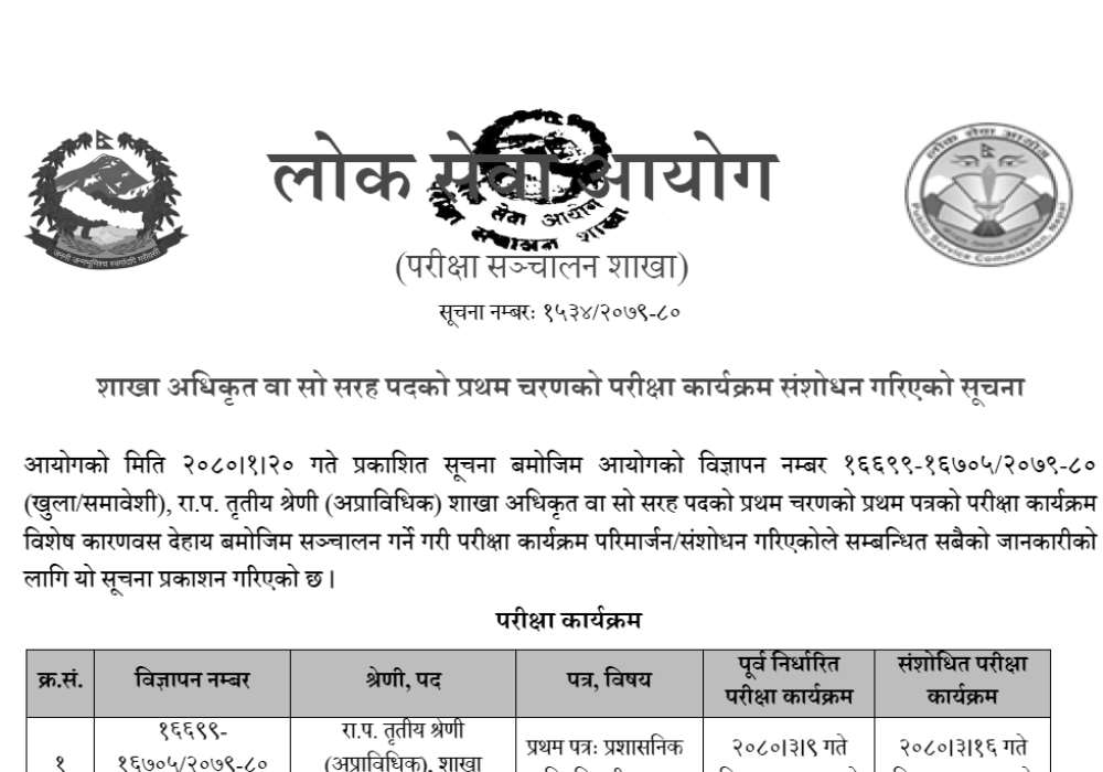 Lok Sewa Aayog Revised First Phase Exam Schedule for Section Officer (Sakha Adhikrit)