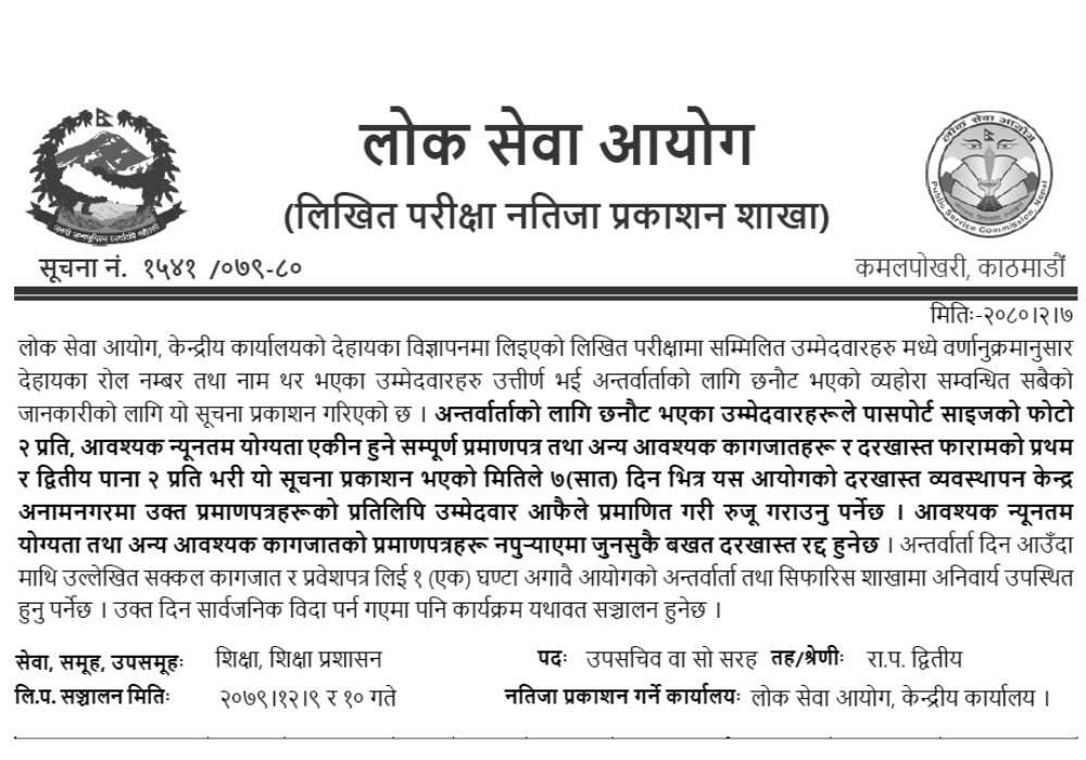 Lok Sewa Aayog Announces Written Exam Result for Upa Sachiv (Education, Women)