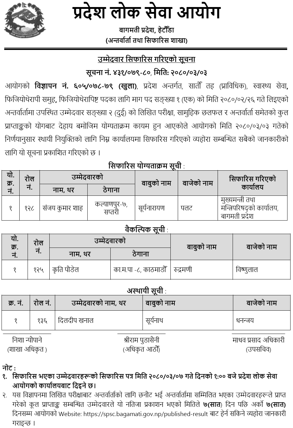 Bagmati Pradesh Lok Sewa Aayog Final Result of Physiotherapist