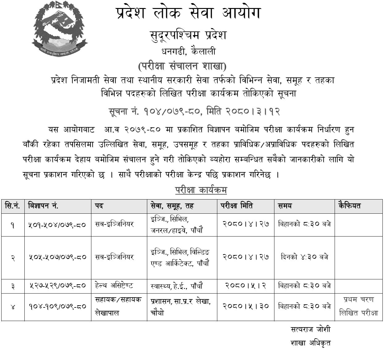 Sudurpashchim Pradesh Lok Sewa Aayog Written Exam Routine of 5th and 4th Level Positions