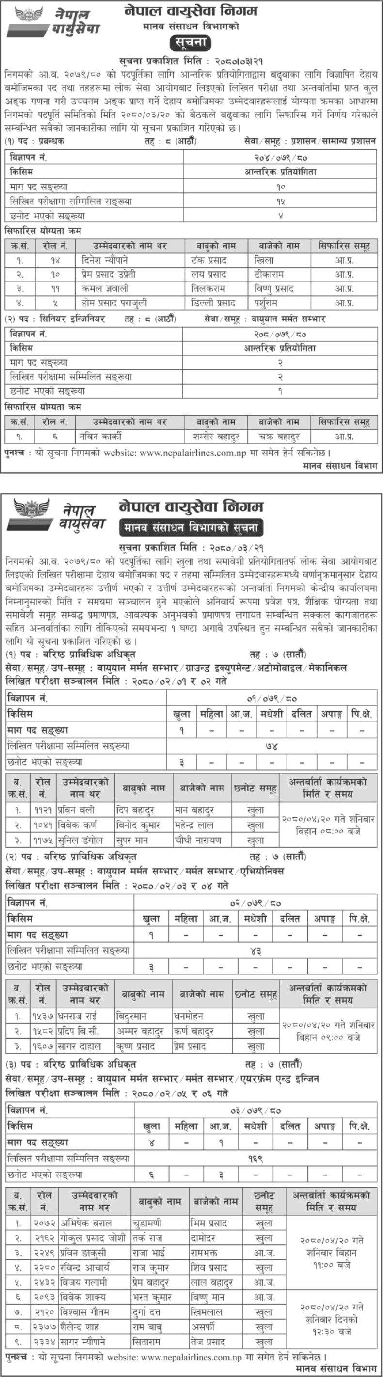 Nepal Bayu Sewa Nigam Written Exam Result of Various Position (Level 7, 8)