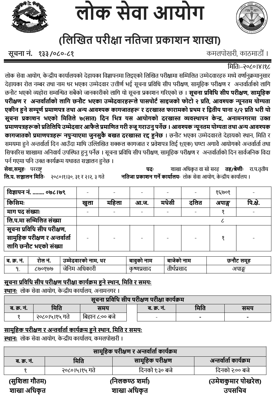Lok Sewa Aayog Written Exam Result of Section Officer (Foreign Service, Apanga)