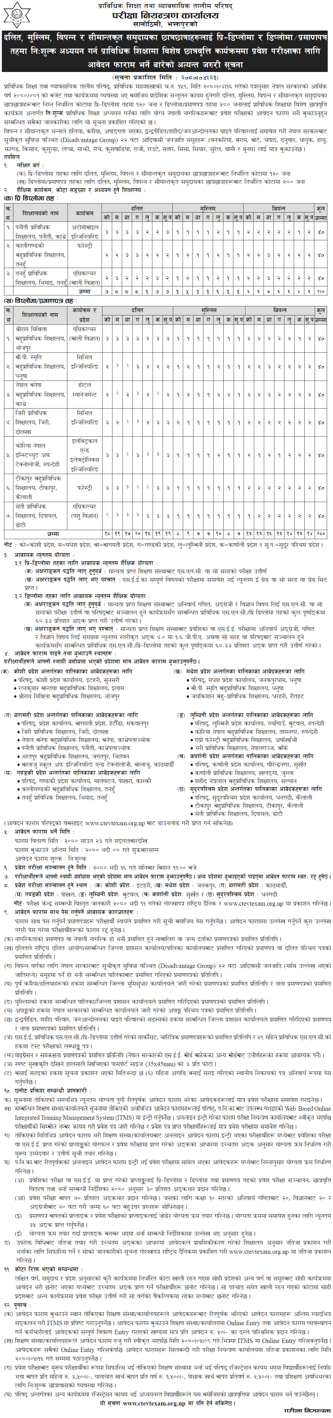 CTEVT Special Scholarship Program for Pre-Diploma, Diploma and PCL 2080
