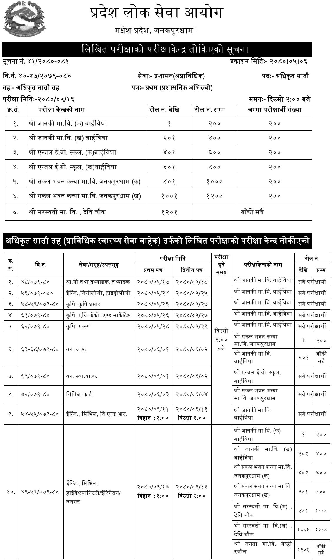 Madhesh Pradesh Lok Sewa Aayog Exam Center of 7th Level (Technical and Non-Technical)